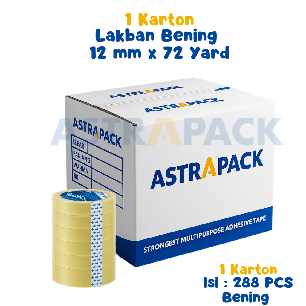 

Astrapack | 1 Dus Lakban Bening 12 mm x 72 Yard 45 Micron 288 PCS | Tersedia Instant Grosir