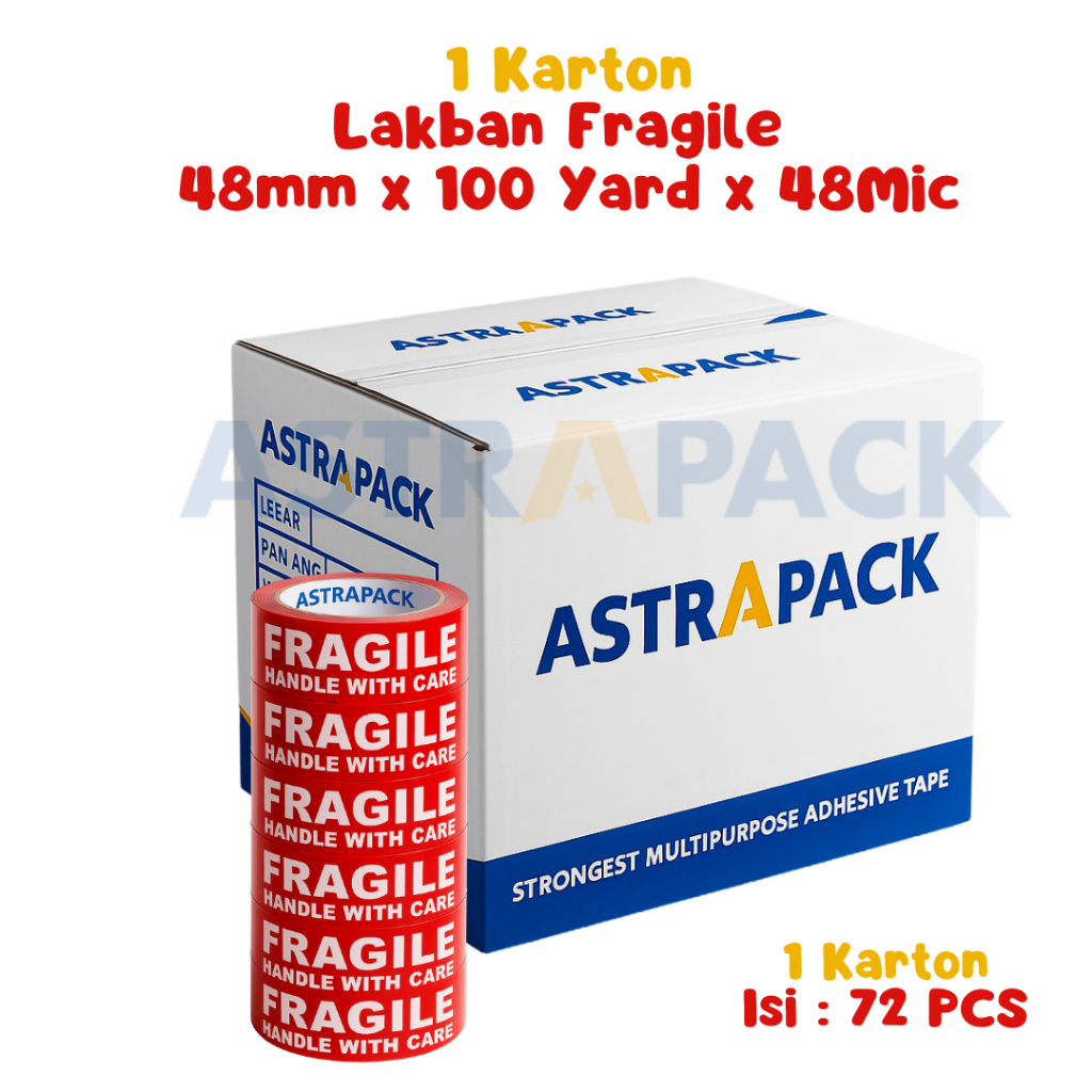

Astrapack | 1 Dus Lakban Fragile 48 mm x 100 Yard | Jangan Dibanting 72PCS | Tersedia Instant Grosir