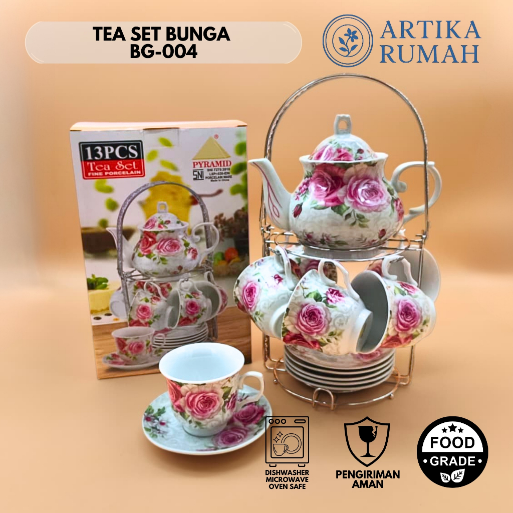 Artika Rumah Tea Set Cangkir Tatakan Keramik Porselen Motif Bunga Vintage Klasik