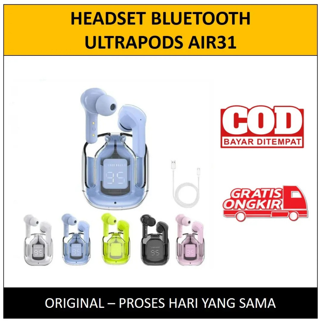 New Headset Bluetooth Tws Air31 Tws Air31 Ultrapods A31 Wireless Led Display Transparan Hifi Stereo