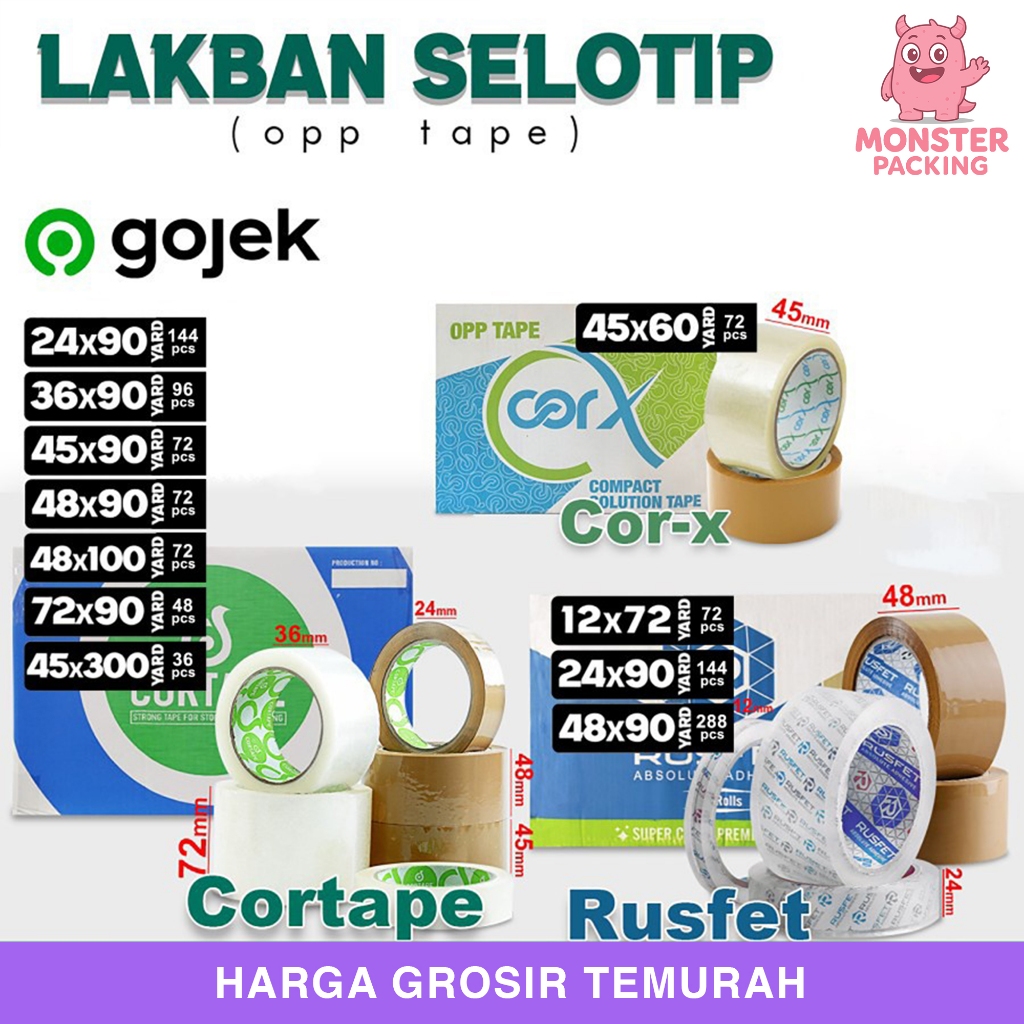 

Lakban isolasi Solatip OPP Tape Rusfet Cortape Varian GOJEK / DUS