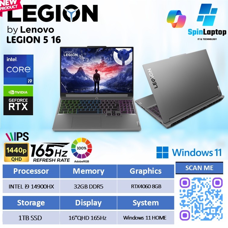 Laptop Gaming Lenovo LEGION 5 16 Intel Core I9-14900HX RTX4060 8GB| RAM 32GB SSD 1TB Layar 165Hz