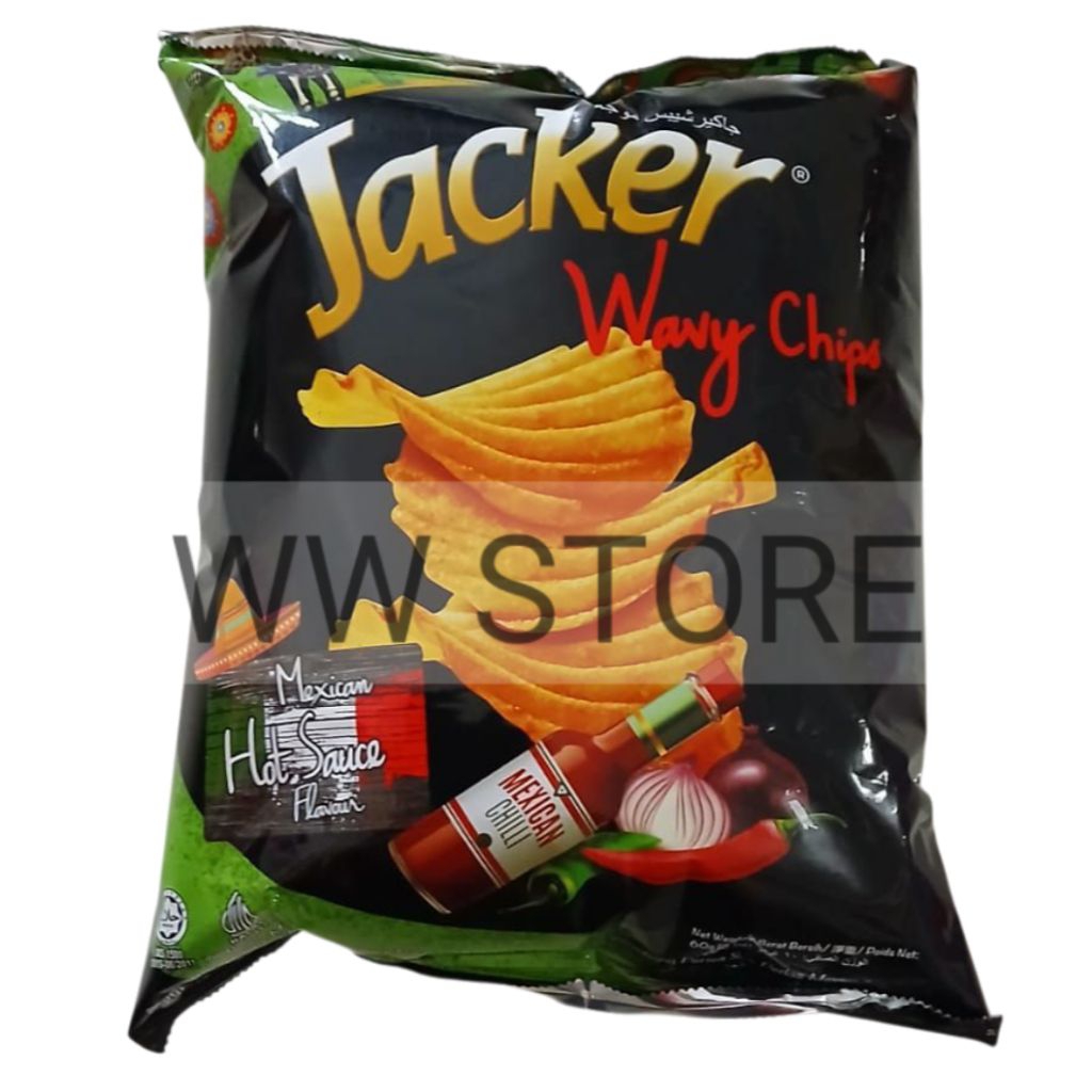 

Cemilan snek makanan ringan kripik keripik kentang rasa saus pedas Meksiko Mexico halal MUI Jacker Wavy Chips Mexican Hot Sauce Flavour Flavor 60g