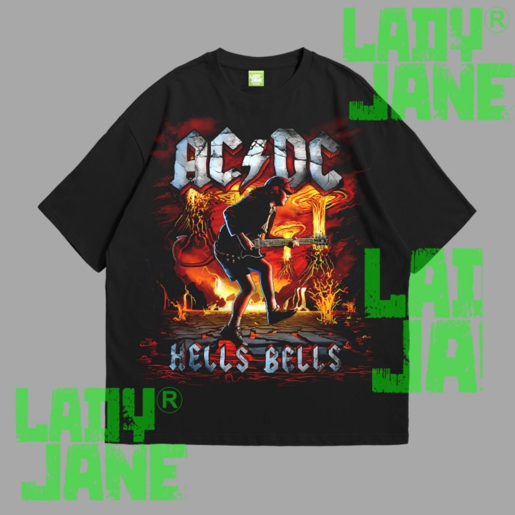 LADYJANE ACDC HELL BELL GUITAR TSHIRT OVERSIZE HITAM KAOS BAND PREMIUM