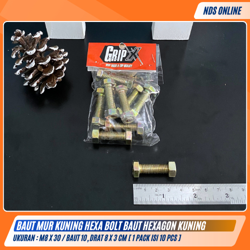 Baut Mur Kuning Hexa Bolt M8x30 Baut & Mur Hexagon Drat 8x3cm / Baut 10 [ 1 Pack Isi 10 Pcs ]