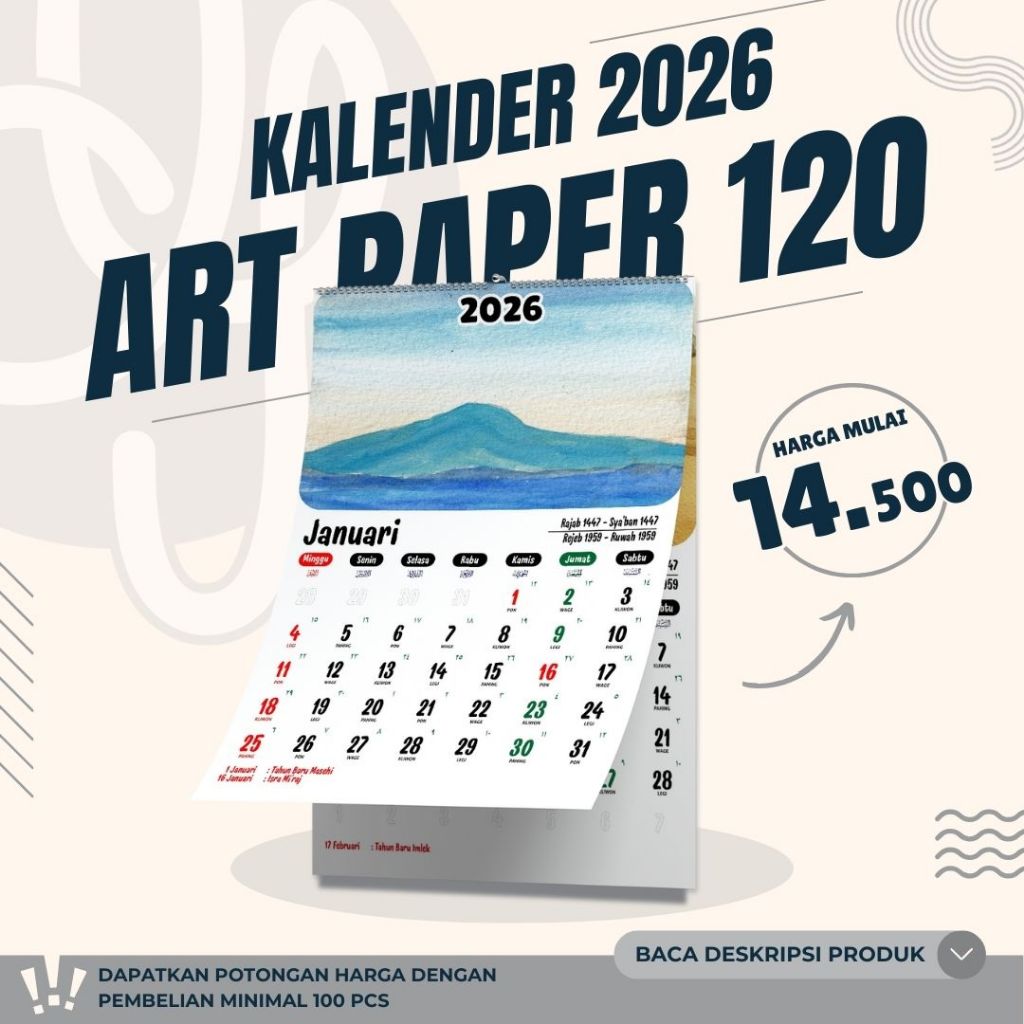 

Kalender Dinding 2026 Spiral/Klem A3+ Bisa Satuan Custom Desain Kertas Art Paper 120