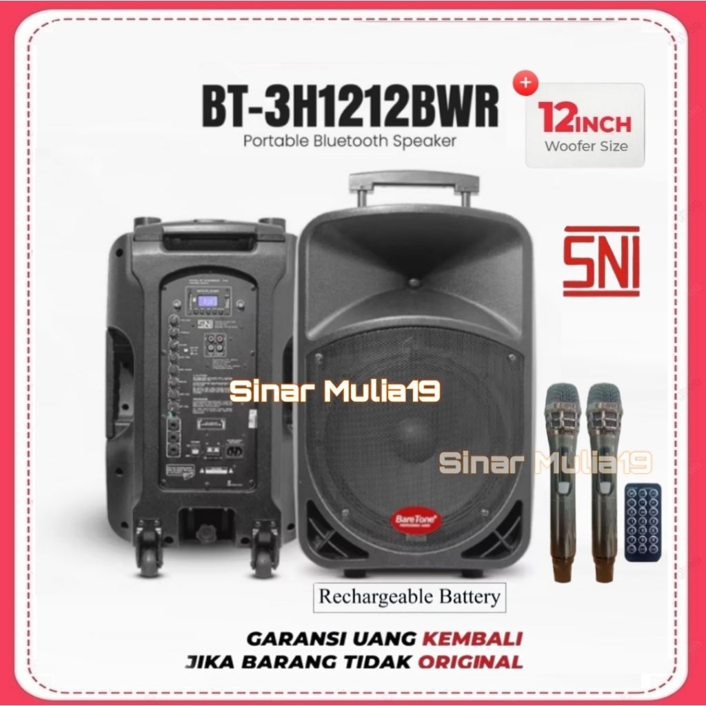 BareTone BT-3H1212BWR Speaker Portable Aktif 12 Inch Bluetooth Kualitas Terbaik