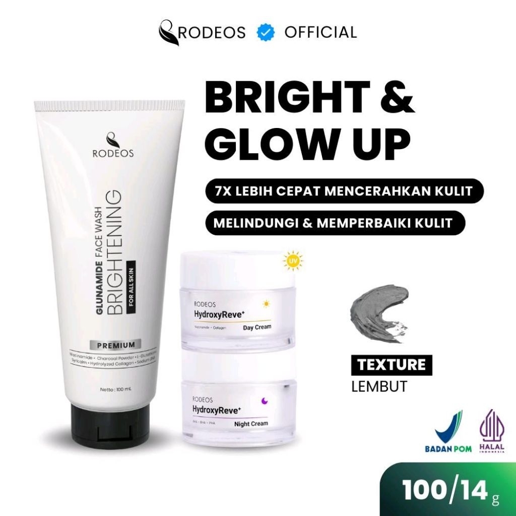 RODEOS 3IN1 BRIGHT & GLOW-UP Glunamide Face Wash Brightening + Day Cream SPF 40 + Night Cream | Cera