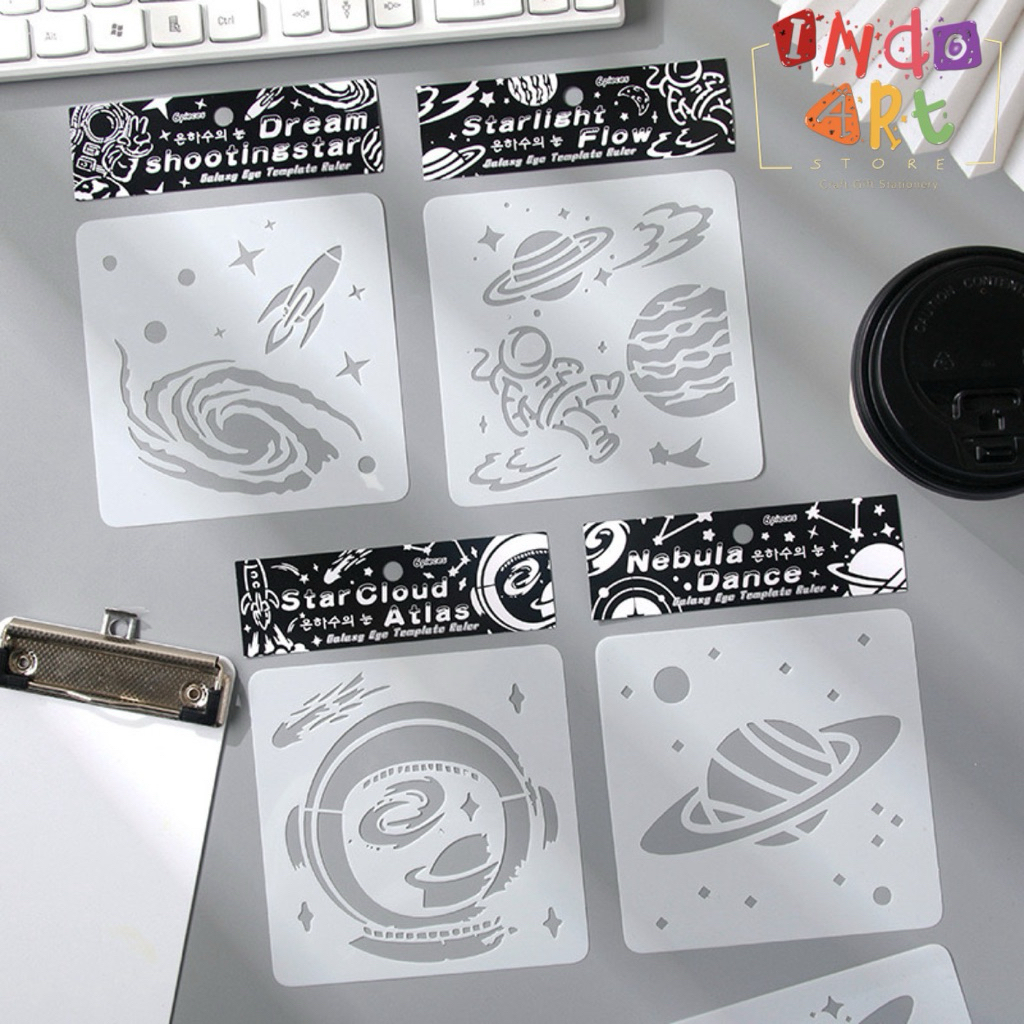 

(IAS) 6 pcs Cetakan Besar PET Plastik Stencil Set Stensil Craft Lukisan Motif Tribal Abstrak Planet Astronot Rasi Bintang Teleskop Retro Building Vintage