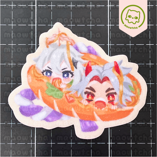 

Paimon and Itto special dish glitter sticker - Genshin Impact fanmerch by maowtcha