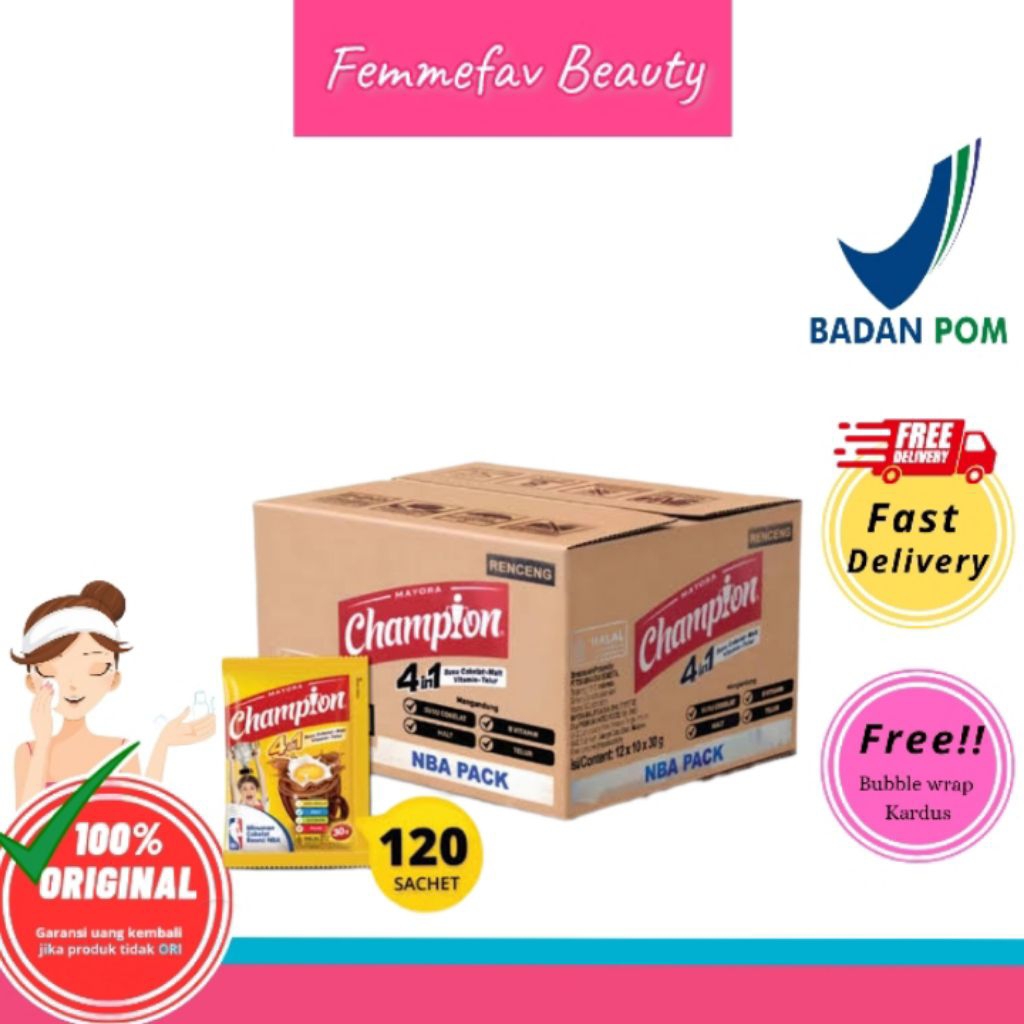 

Mayora Champion 4in1 Susu Cokelat-Malt Vitamin-Telur – Karton 120 Sachet