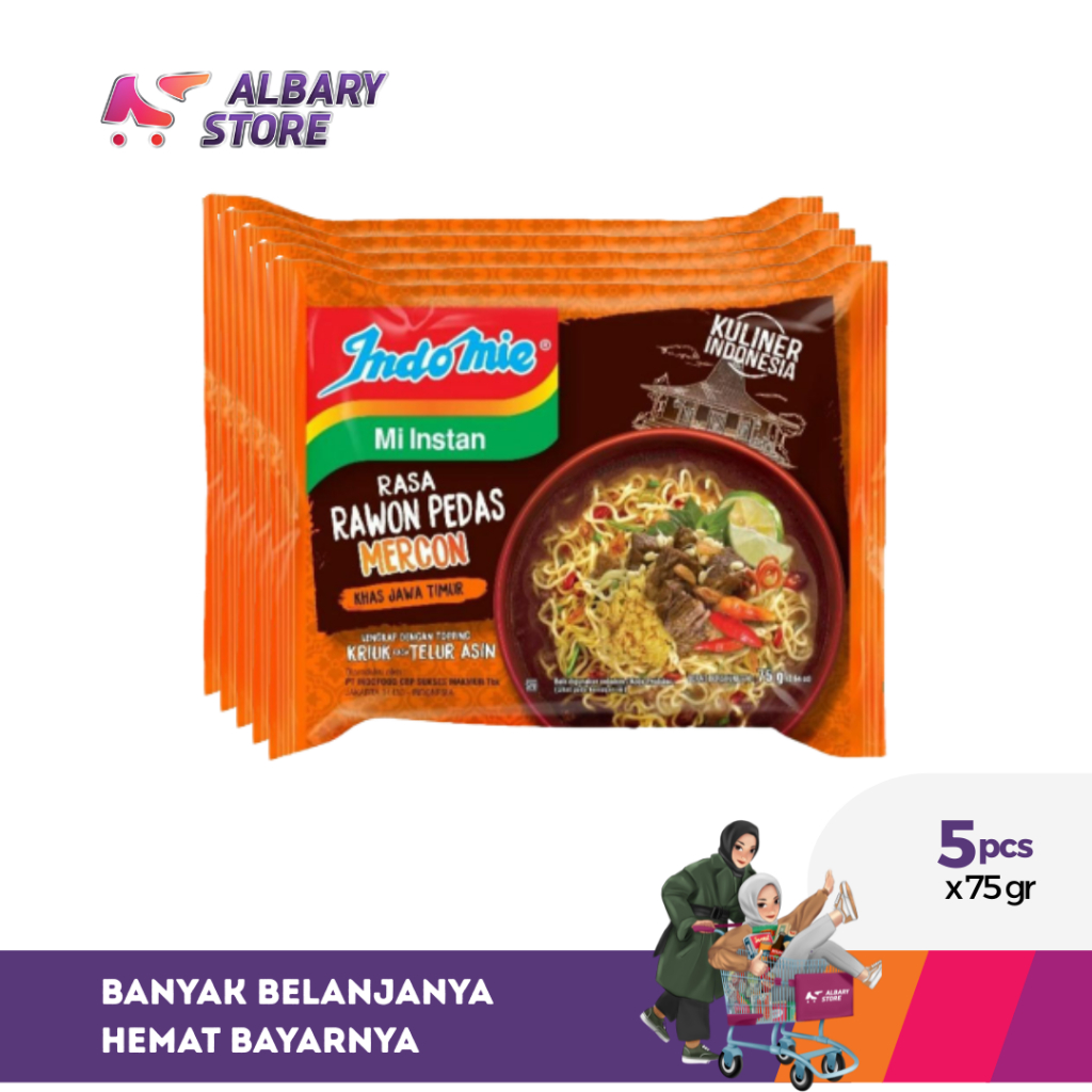 

5 PCS - Indomie Mi Instan Rasa Rawon Pedas Mercon 75 g