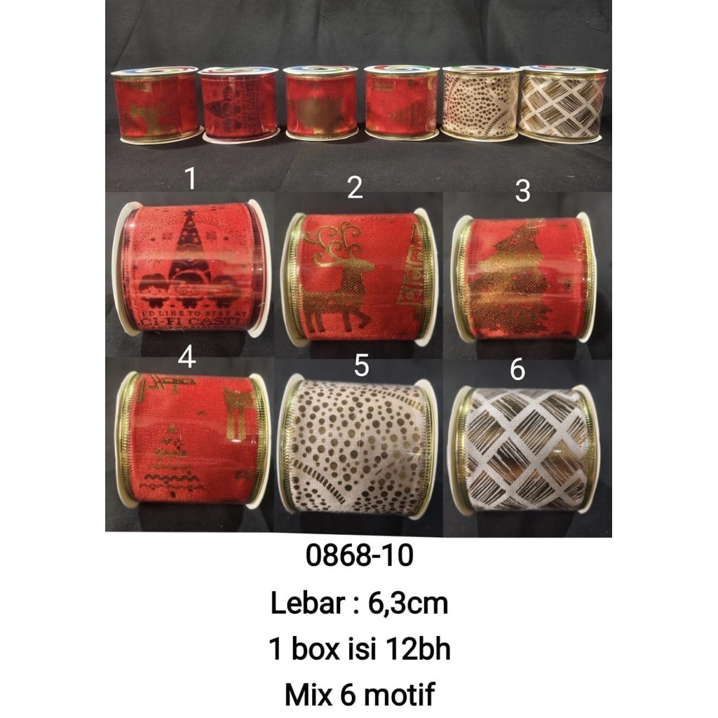 

0868 - 10 pita natal satuan ukr lbr 6,3cm pjg 2,7M mix 6 motif