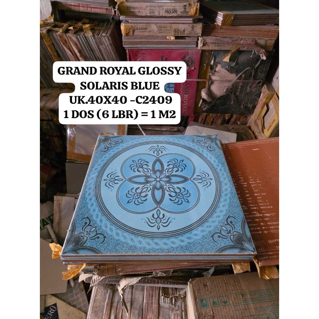 SOLARIS BLUE GLOSSY UK.40X40 VINTAGE MOTIF BATIK KERAMIK LANTAI DINDING GRAND ROYAL