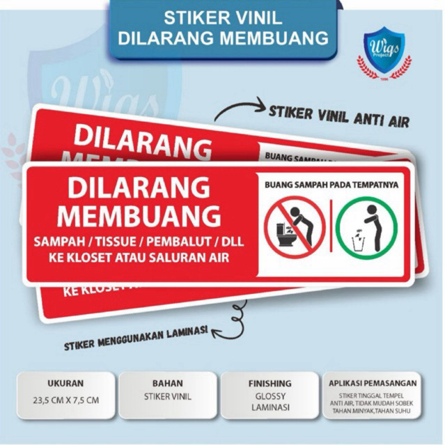 

STIKER VINIL ANTI AIR DILARANG MEMBUANG SAMPAH / TISU / PEMBALUT KE TOILET BUANG SAMPAH PADA TEMPATNYA DI LAMINASI