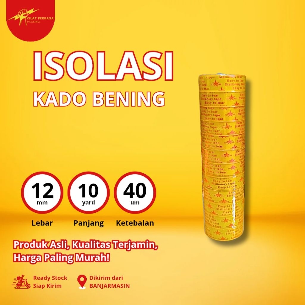 

ISOLASI BENING KECIL 12 MM x 10 YARD 40 MICRON TEBAL & LEM LENGKET | ISOLASI KADO | SELOTIP BENING ISI 12 PCS