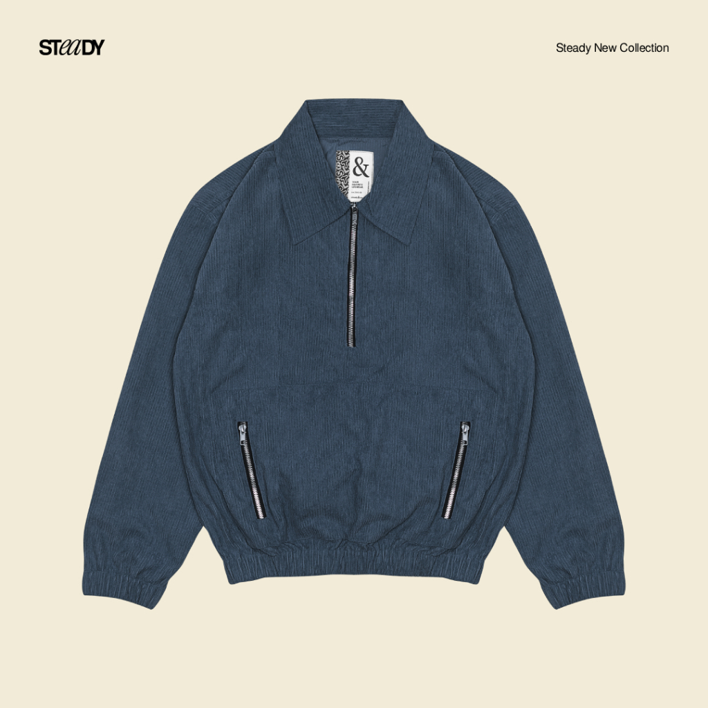 Steady&Slow - Boyle Corduroy Half Zip Jacket Navy | Pullover Jacket | Corduroy Jacket | Retro Jacket