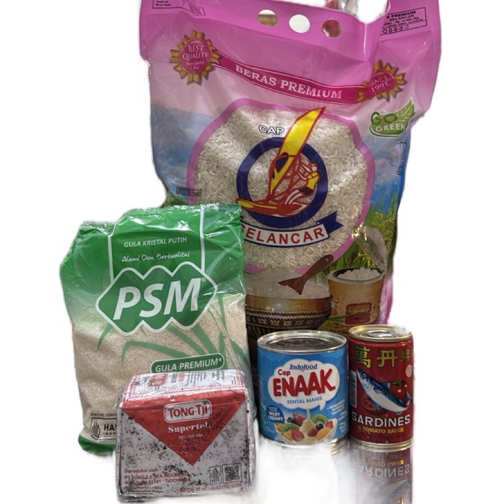 

(C5) Combo Hemat Selancar 5kg, PSM Gula 1kg, Teh Tong Tji 80g, Susu Kental Manis Enak 370g, Sardines Bantan 155g