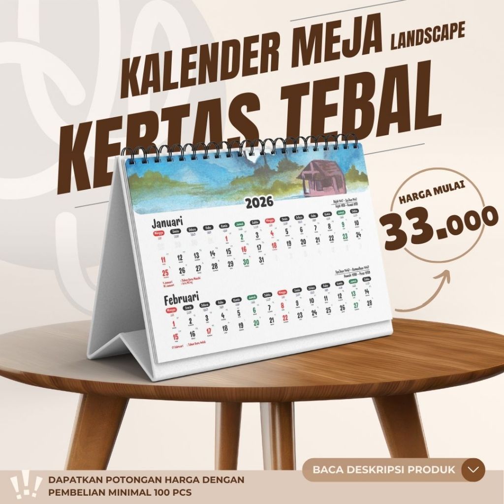 

Kalender Meja 2026 Spiral A5 Landscape Bisa Satuan Custom Desain Kertas Tebal (Ivory 230)