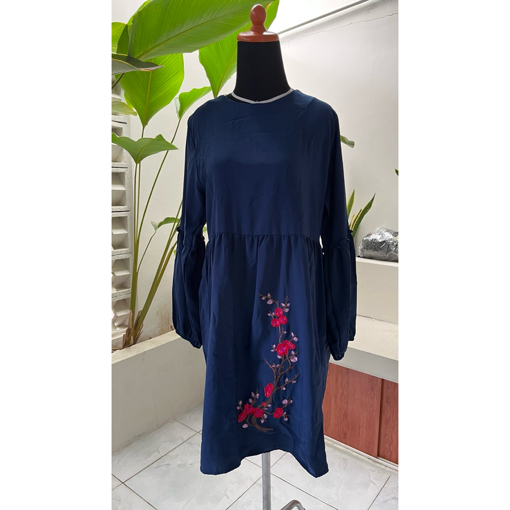 dress bunga-bunga bordir korea vintage / dress tunik hijab friendly