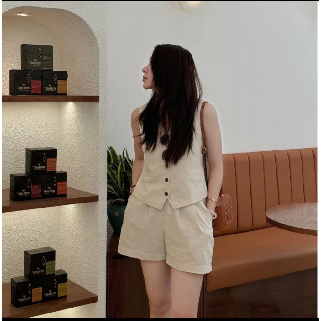 one set/setelan rompi celana pendek bahan cotton gaya style trendy wanita kekinian/Korean style
