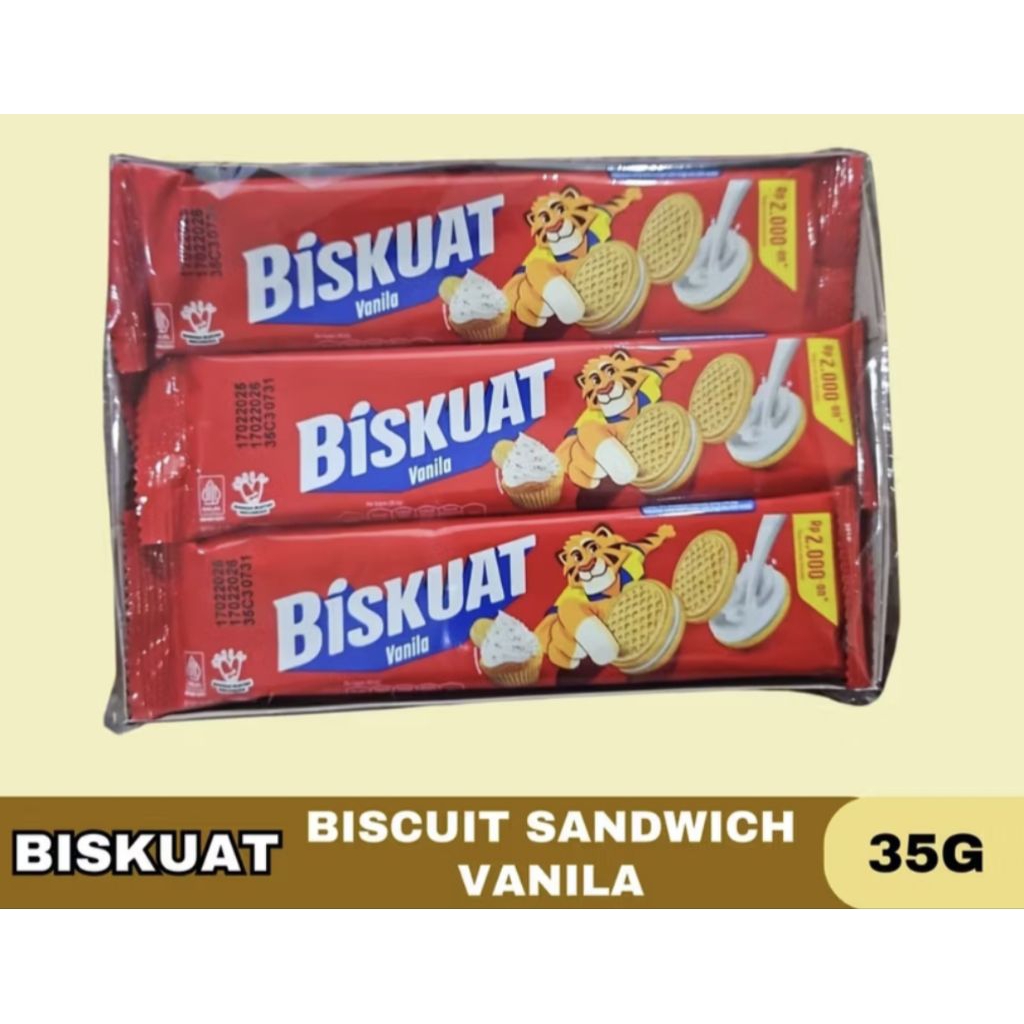 

Biskuat Lup Vanila 35 gram (isi 12) Biskuat Sandwich Vanila Promo