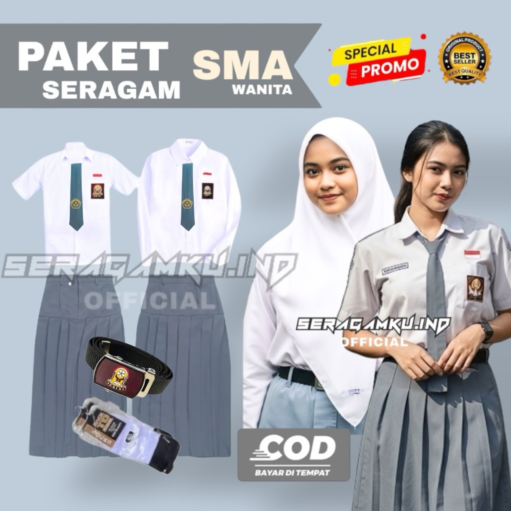 Paket Seragam Sekokah SMA Wanita/Cewe Lengan Pendek Dan Panjang Plus Rok Rempel Abu Abu Panjang Logo