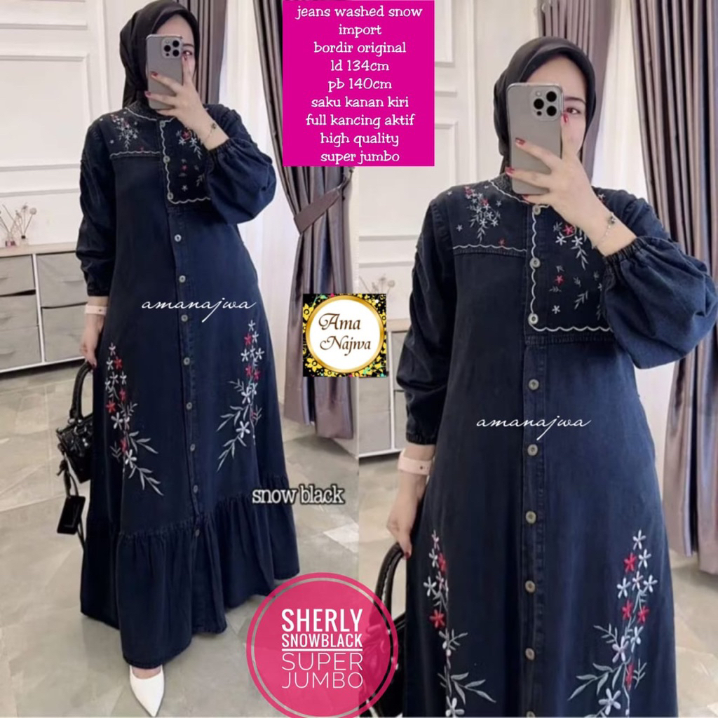 GAMIS JEANS JINS SUPER JUMBO BORDIR BUNGA || DRESS GAMIS JEANS WANITA BUSUI PREMIUM ORI AMA NAJWA ||