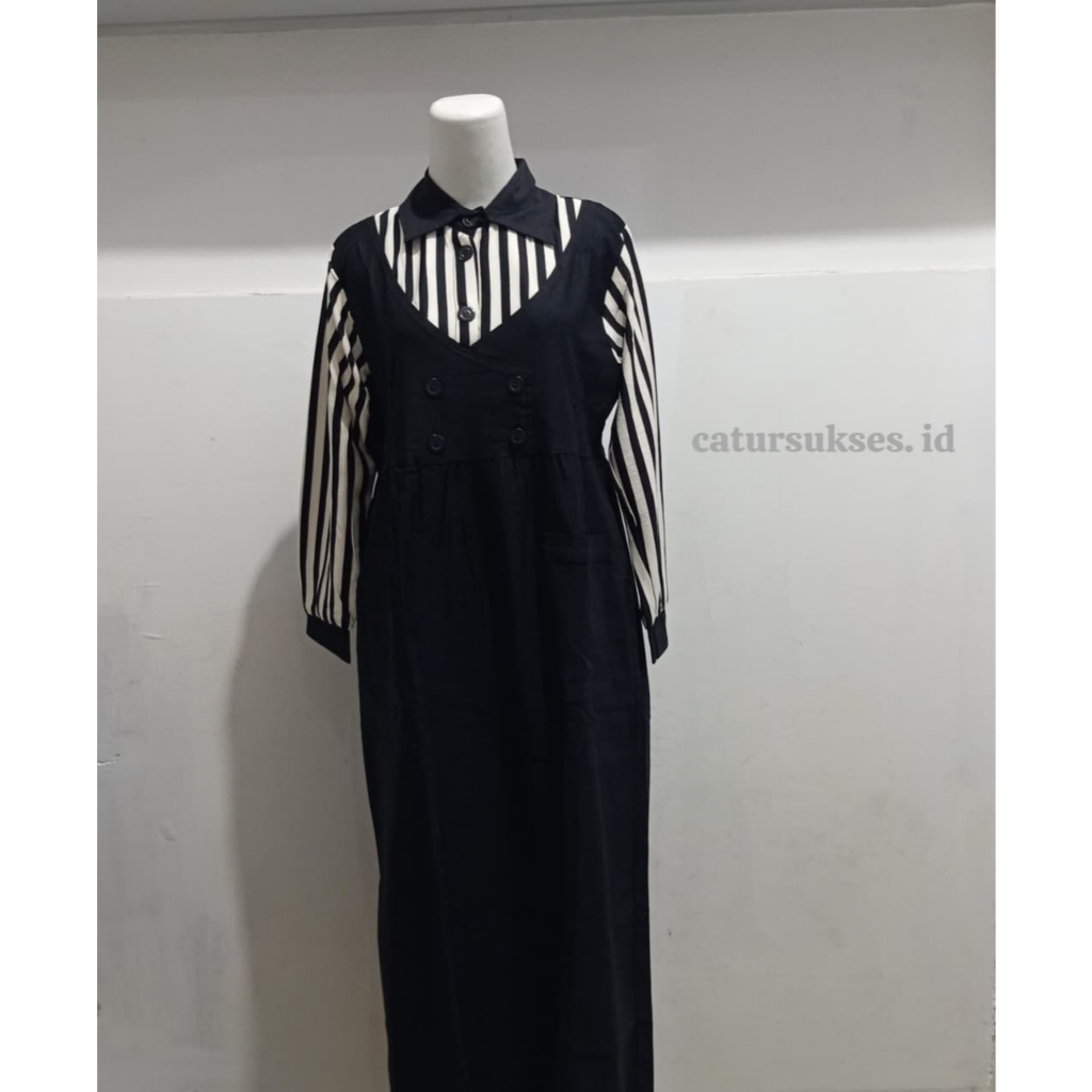 DNL BAJU DREES GAMIS KOMBINASI  WANITA DEWASA DENGAN DESAIN GARIS VERTIKAL DAN KANCING DEPAN