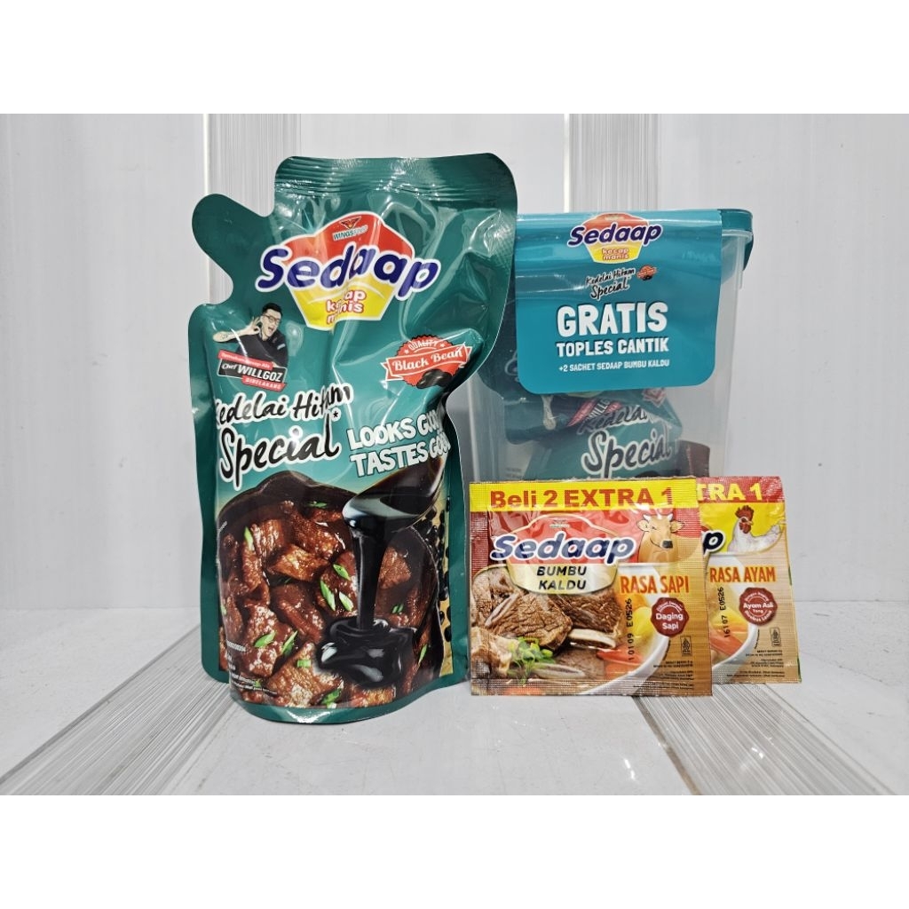 

Sedaap Kecap Manis Black Bean 725g GRATIS Toples Cantik + 2 Sachet Sedaap Bumbu Kaldu | Sedaap Kecap Manis Black Bean 270g