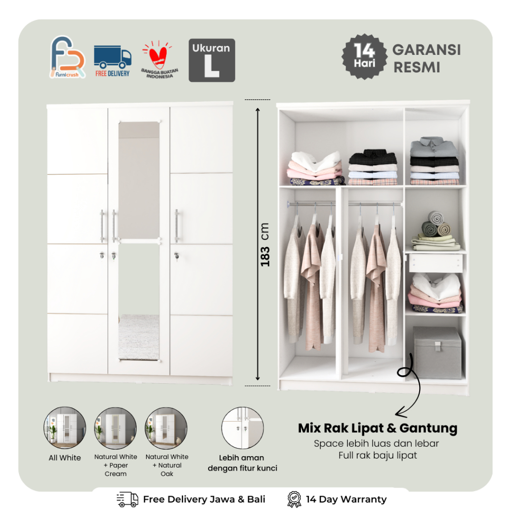Furnicrush Lemari Pakaian 3 Pintu Almari Pakaian Kayu Wardrobe Aesthetic Korea / Almari Baju / Rak B