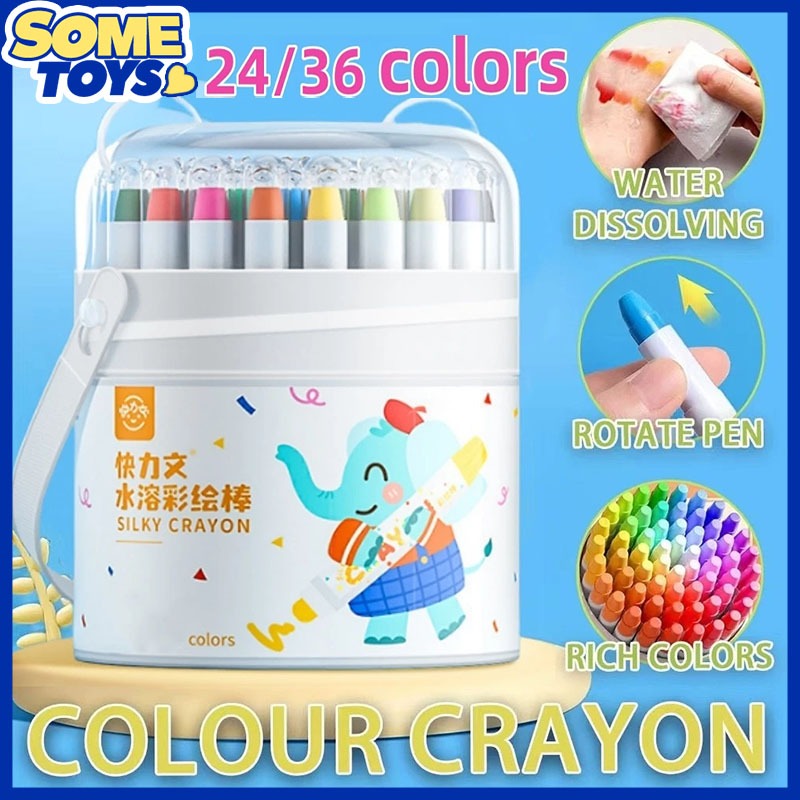 

SOME TOY Crayon Putar Washable Silky Crayon 24/36/48 Warna Colorful Bucket Krayon Mewarnai Alat Warna Set Anak Wipe and Clean