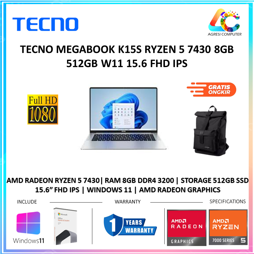 TECNO MEGABOOK K15S RYZEN 5 7430 8GB 512GB W11 15.6 FHD IPS SLV