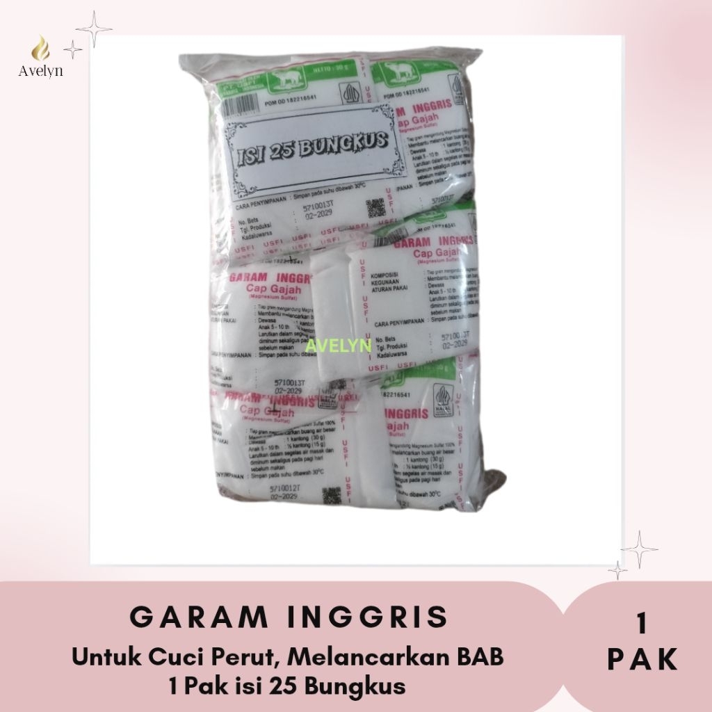 

Garam Inggris cap Gajah - Garam Epsom - Magnesium Sulfat - Epsom Salt - Untuk Detox, Obat Pencahar (Melancarkan Buang Air Besar) - Per pack isi 25 Bungkus