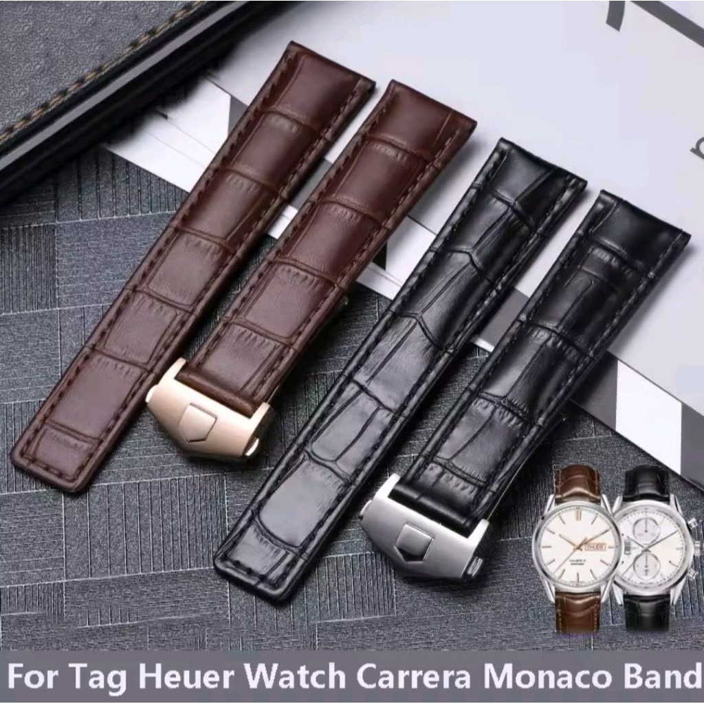 Strap Tali Jam Tangan TAG Hauer Carrera Monaco Kulit Genuine Leather 22mm 24mm With Logo