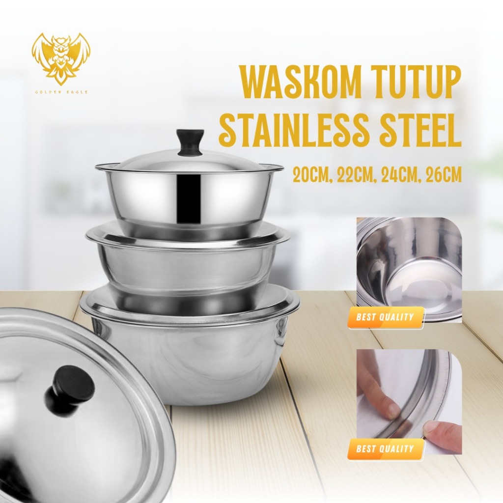 JSS - Baskom Stainless 20cm 22cm 24cm 26cm Wadah Sayur Besar Baskom Tutup Multifungsi