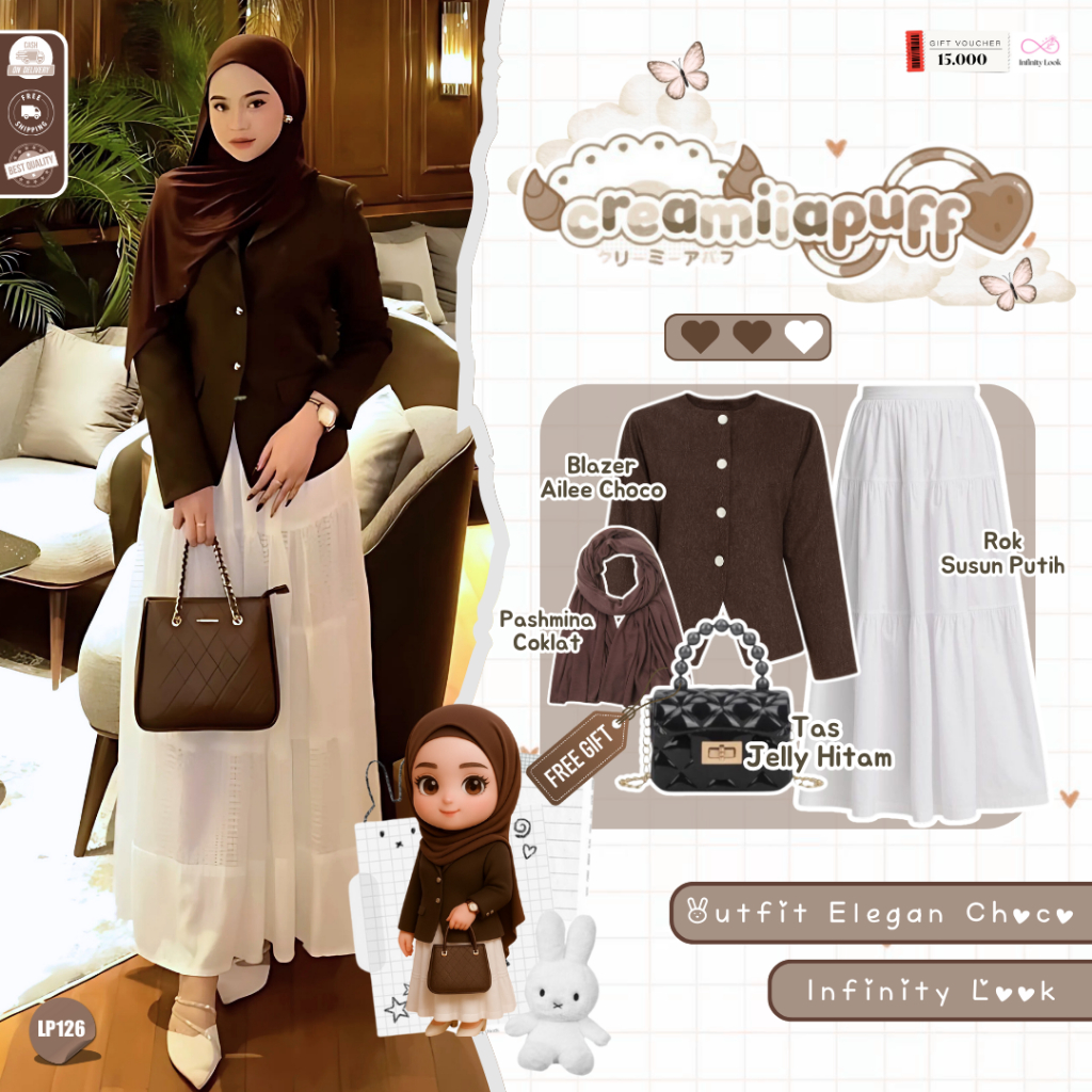 Dara Outfit Kuliah  ( Hijab + Tas + Blazer + Rok ) One Set Wanita Kekinian Korea Hijab - LP 126