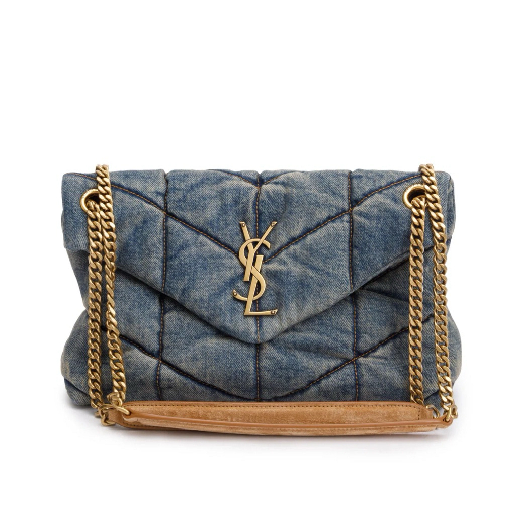 YSL Quilted Blue Denim Monogram Medium Loulou Puffer Chain Satchel