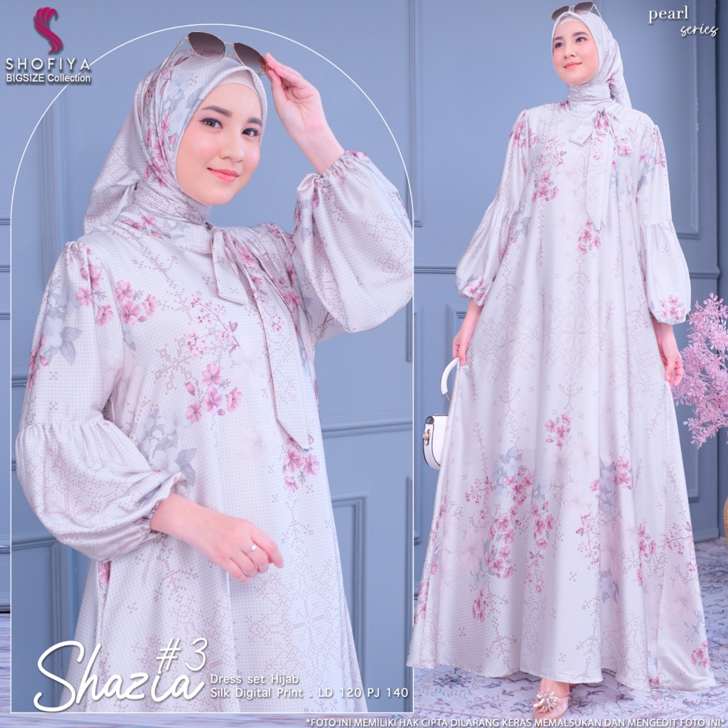 Shazia set dress gamis baju jubah hijab jilbab wanita muslimah jumbo ld 120 silk print elegan ori