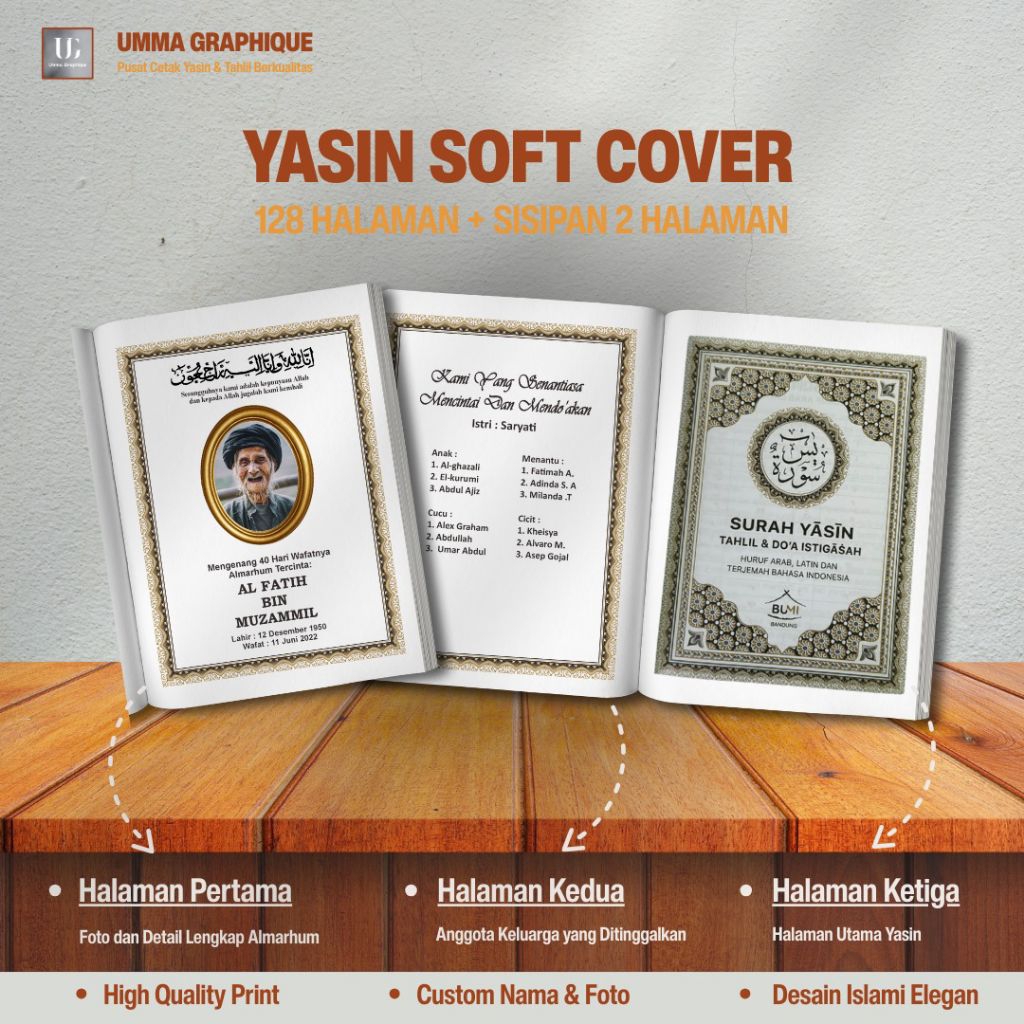 CETAK YASIN SOFT COVER EMBOS TIMBUL128 HALAMAN CUSTOM FOTO 40 HARI UNTUK TAHLILAN HARGA MURAH