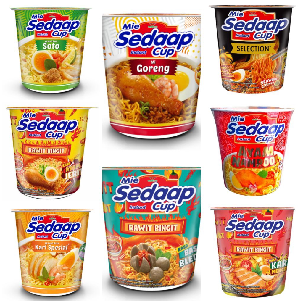 

Sedaap Mie Instan Cup Mi Kuah Rasa Soto / Kari Mercon / Korean Spicy Chicken / Ayam Nampol / Ayam Jerit / Baso Bleduk / Kari Special / Mi Goreng