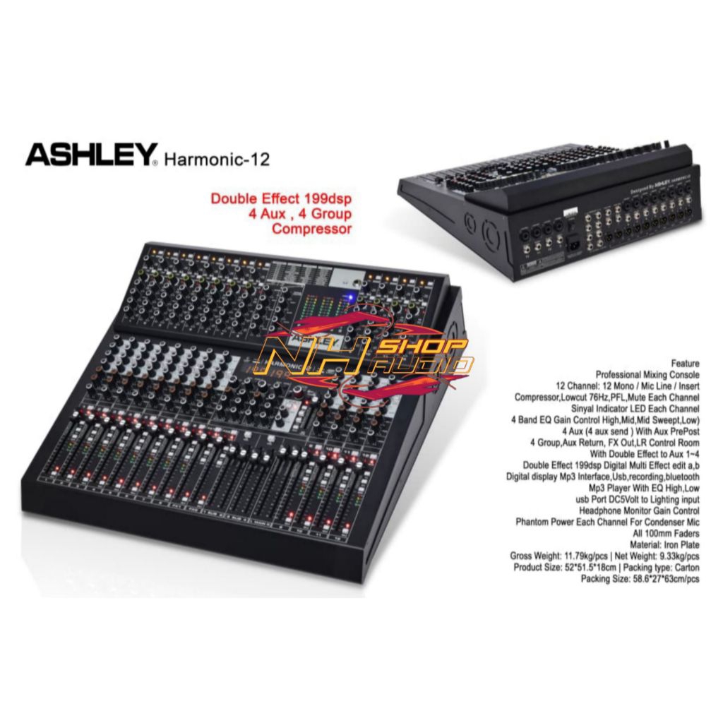 Mixer Ashley Harmonic 12 Double Effect 199DSP Edit A Edit B Fader Panjang 4 aux 4 Group Ush Bluetoot
