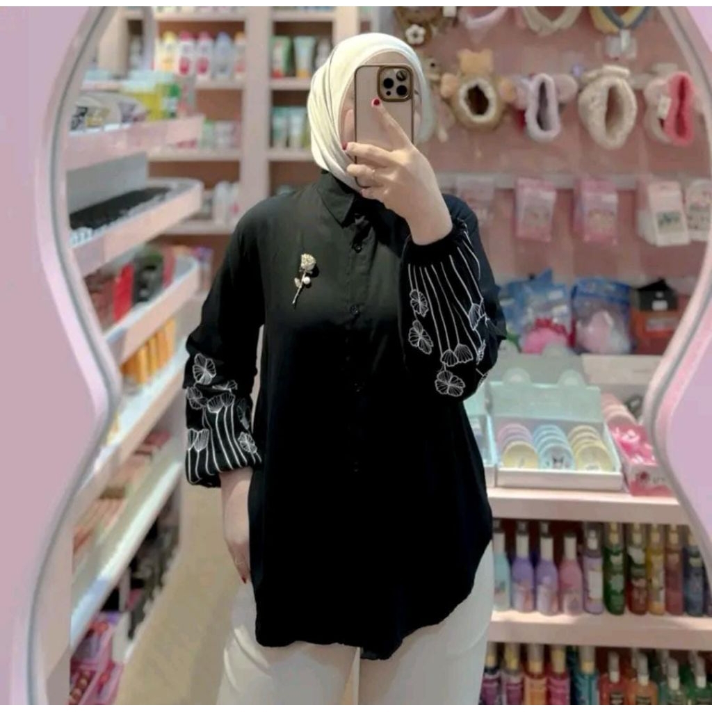 LIVIYA BLOUSE KEMEJA MONICA Bahan Rayon Twill Premium Motif Bunga Bordir