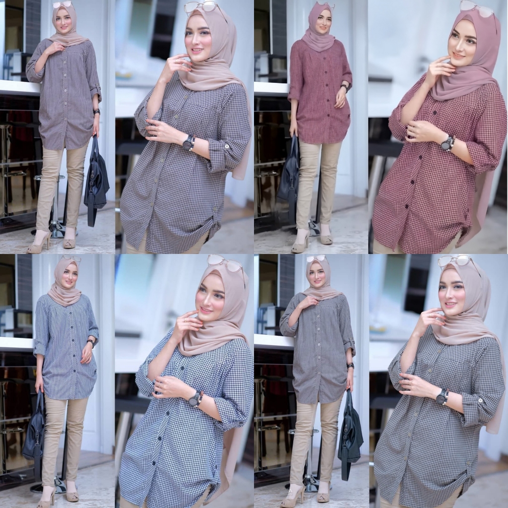 Tunik Kotak Wanita Terbaru Tunik Adinda Kotak Lengan Panjang Kancing Depan Casual Fit XL