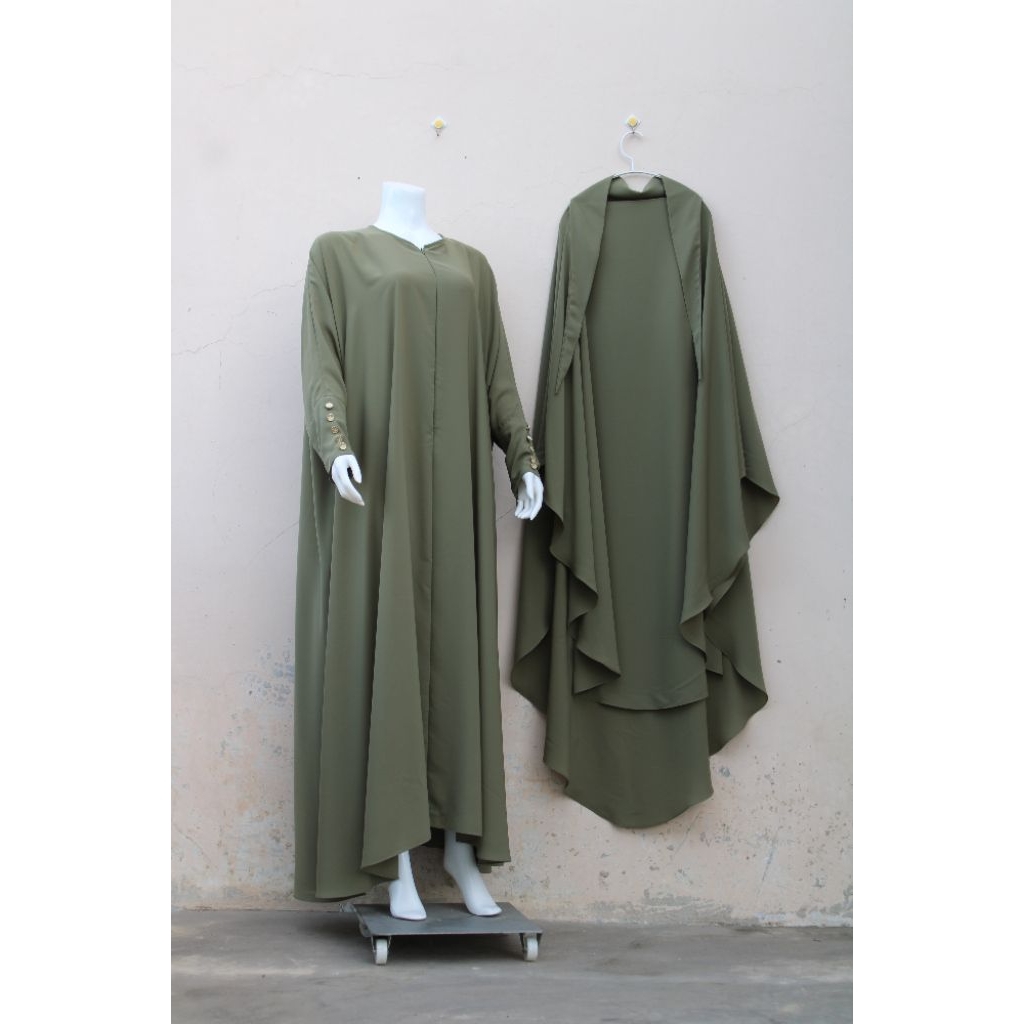 Abaya Almahabbah.2020. Set Pierre Abaya + FK oval warna SAGE