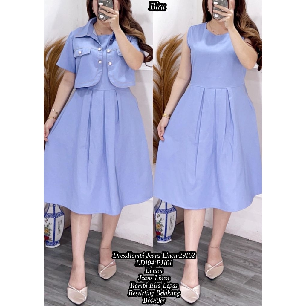 FER 29162 DRESS ROMPI JEANS LINEN LD 104CM IMPORT / DRESS 2IN1 WANITA / READY / REALPICT