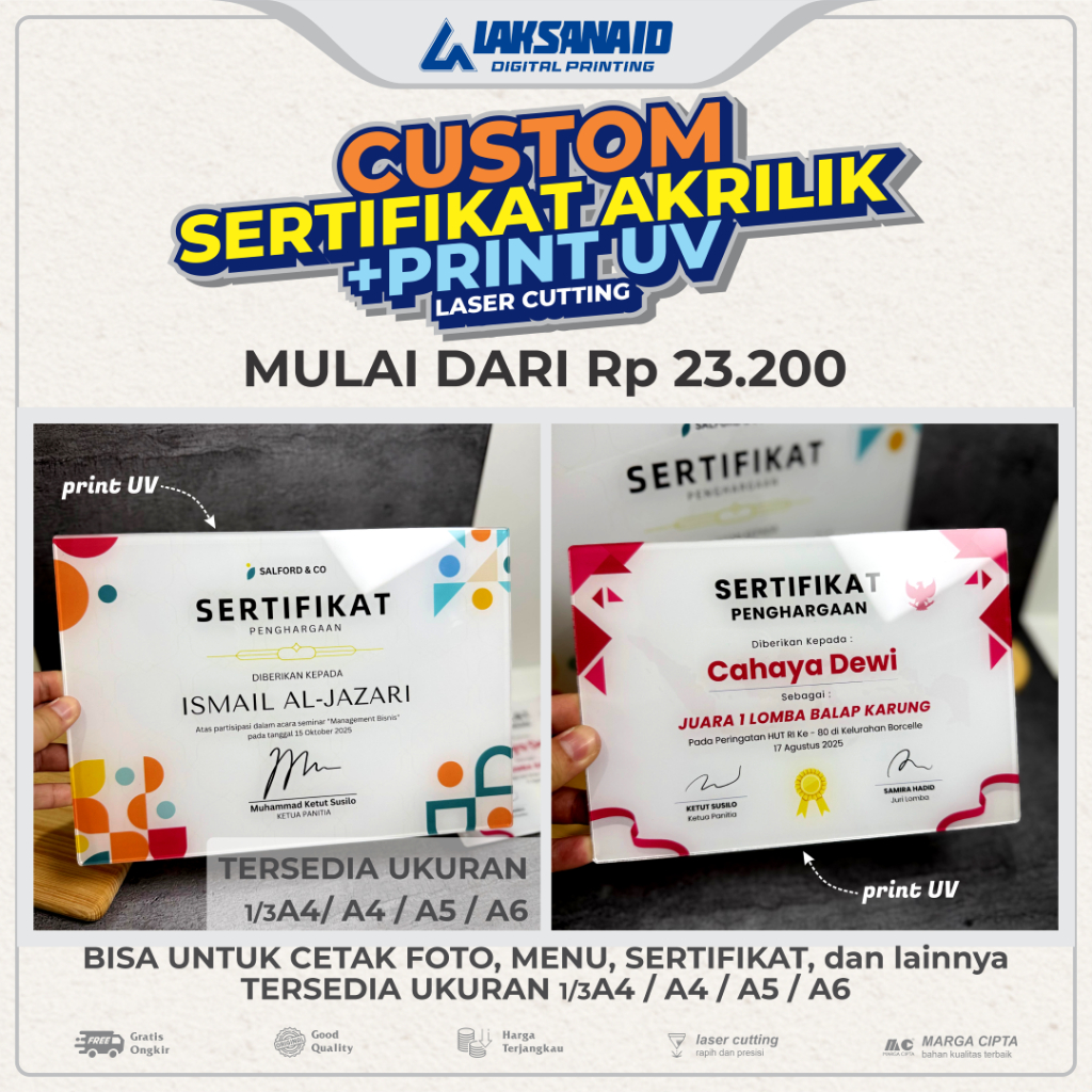 CUSTOM SERTIFIKAT MENU FOTO AKRILIK PRINT UV laser cutting