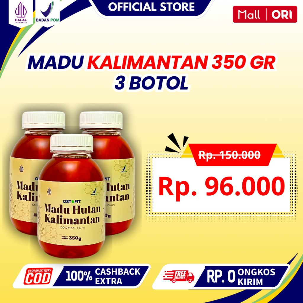 

OSTOFIT Paket 3 Botol Madu Hutan Asli Kalimantan 100% Halal Tanpa Campuran - 350 gr per botol