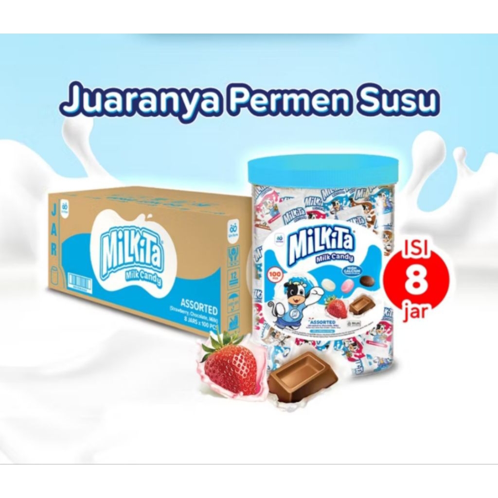 

Milkita Permen Susu Toples (1DUS: 8JAR x 100pcs) Milk CANDY JAR - Permen Milkita Toples Rasa Cokelat , Stroberi, & Melon / Permen Susu Tinggi Kalsium / Permen Rasa Susu / Hampers Lebaran / Permen Susu Milkita / Milkita Permen Toples / Permen Susu Toples