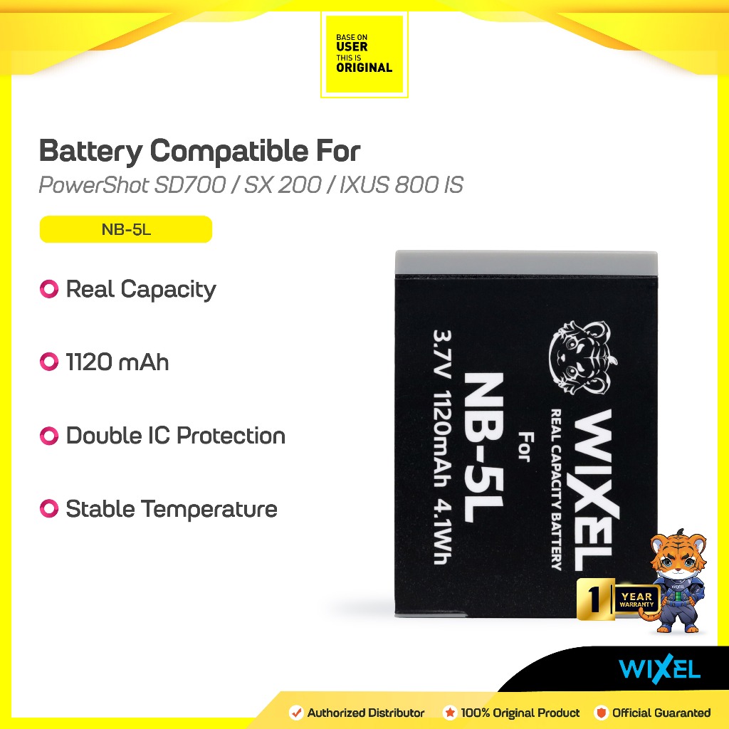 WIXEL Baterai Kamera NB-5L for Canon PowerShot Digital IXUS 800 IS / 850 IS / 900 TI / 90 / 860 / 95